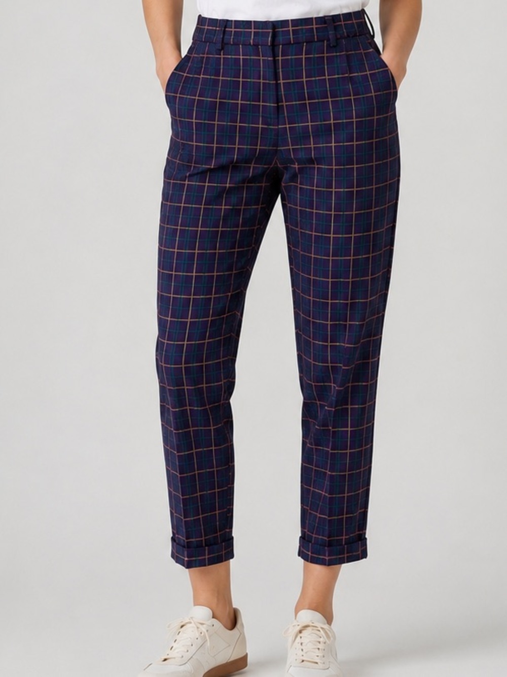 Theory York Plaid Crop Cuff Pants Wool Blend Cropped Ankle Size 2